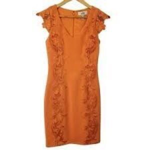 Belle Badgley Mischka 8 Sleeveless Sheath Dress Orange Lace Jacquard Cocktail